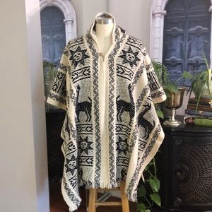 Cream and Black Tribal Alpaca-Style Cape Poncho